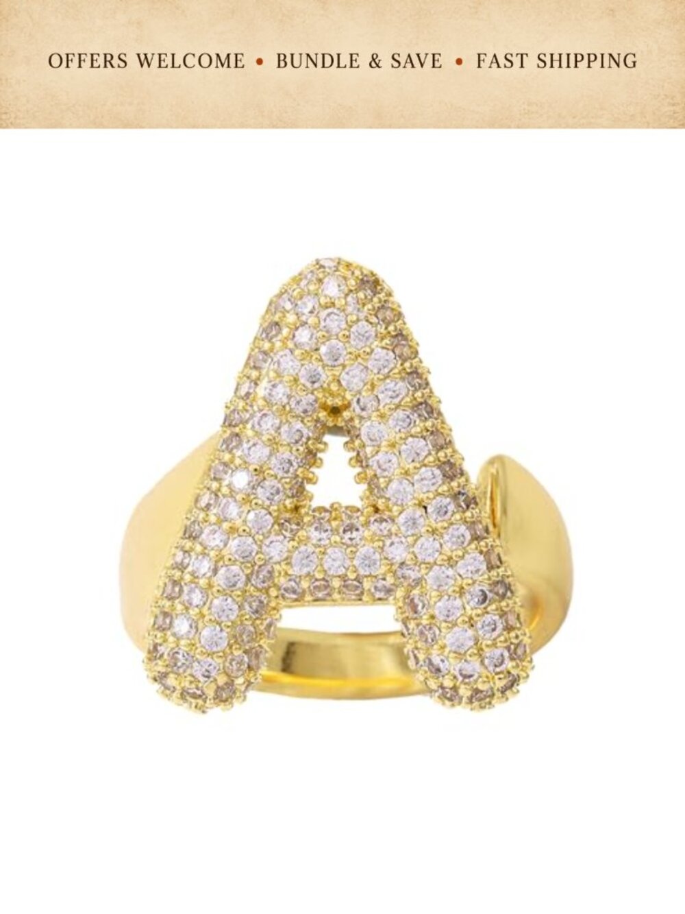 14K Gold Plated Letter Ring Chunky Initial Ring with Pave Zirconia